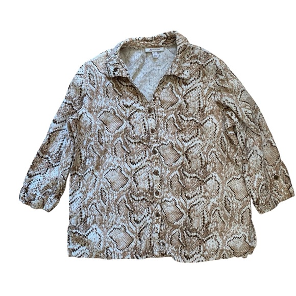JM Collection‎ Tan Brown 100% Linen Snake Print Lightweight Button Shirt Size 16 - Picture 3 of 9